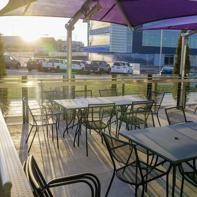 Exterior, patio, seating area.