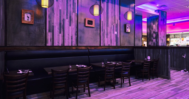 Interior, tables, chairs and high back benches