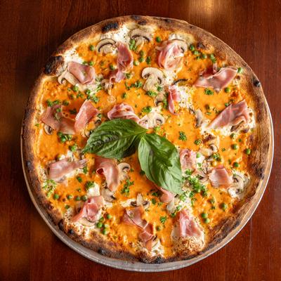 A served pizza alla Vodka, top view.