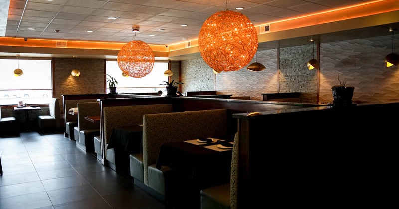 Decorated interior, dining area with booths