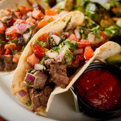 Steak tacos, closeup shot.