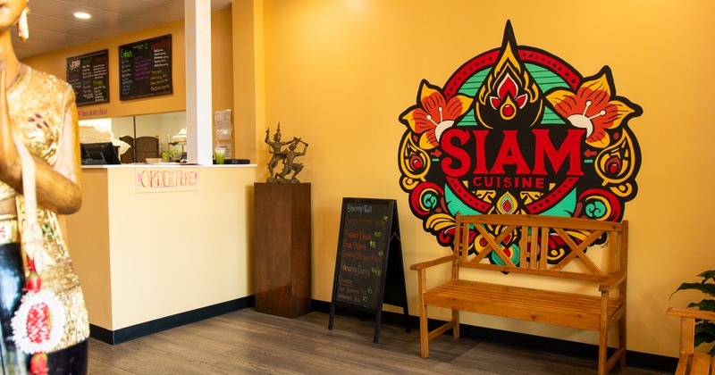 Interior, restaurant logo, counter
