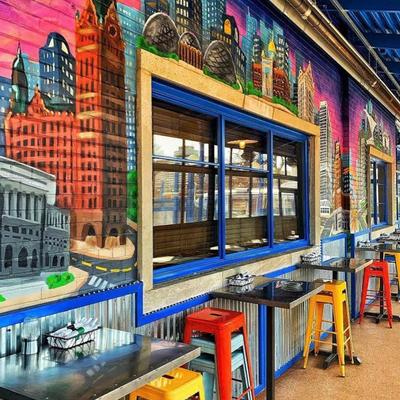 Wall tables, colorful wall mural