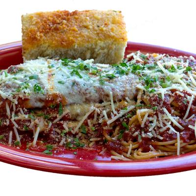 Eggplant Parmigiana, served with cornbread.