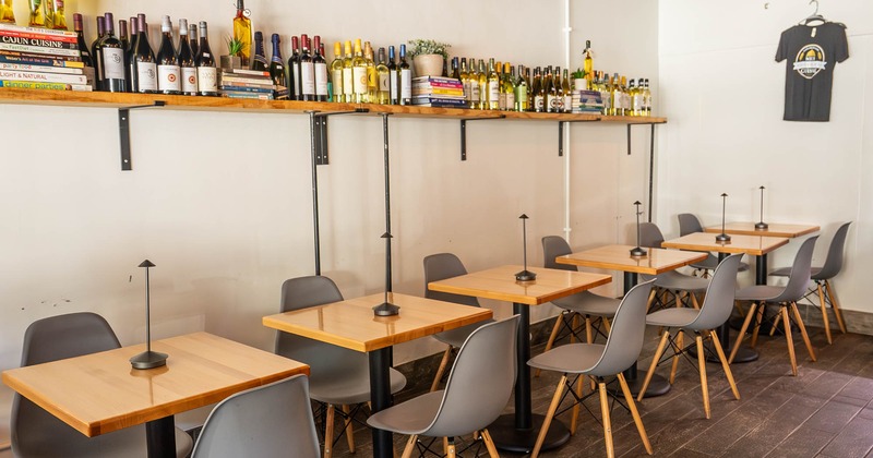 Interior seating area with chairs and tables
