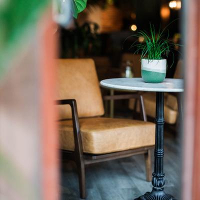 Leather chair and a table with a potted plant.