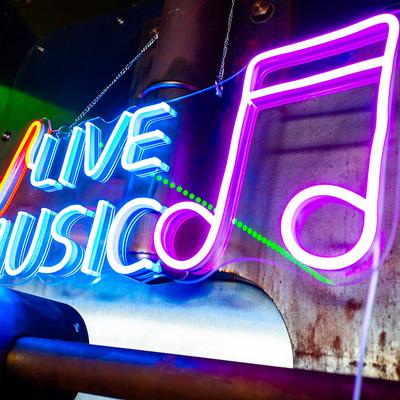 Interior, Live Music neon sign on a wall.