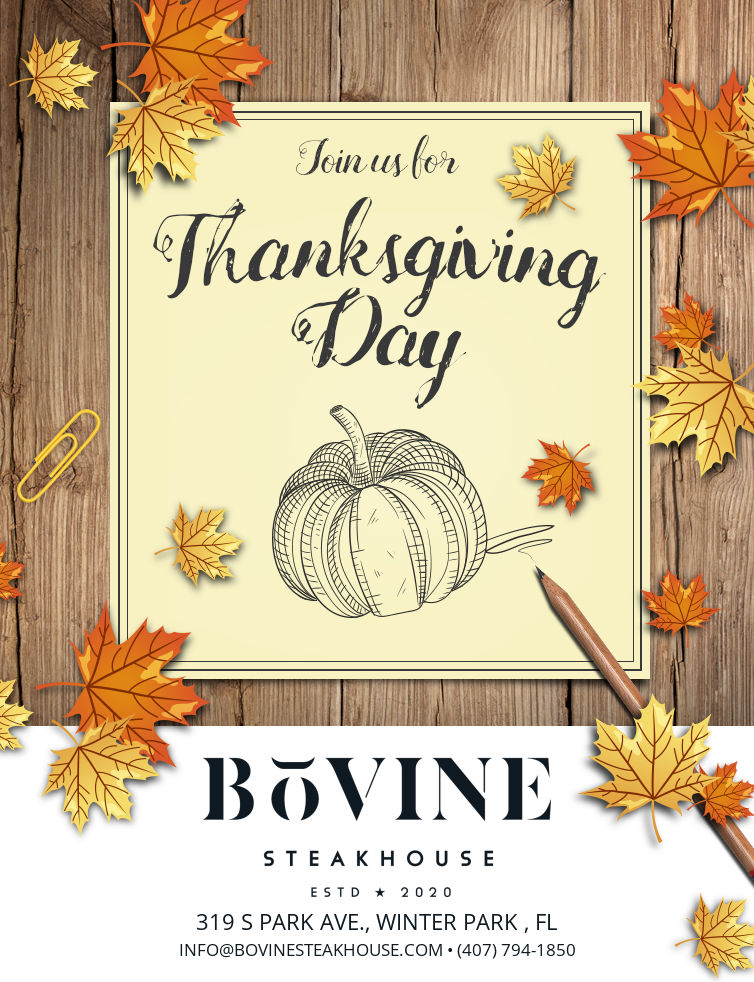 A colorful animated flyer promoting Thanksgiving dinner at BoVine steakhouse.  Picture of pumpkins and fall leaves..