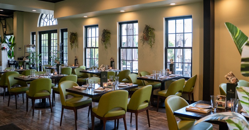Diner area, tables, armchairs, wide view