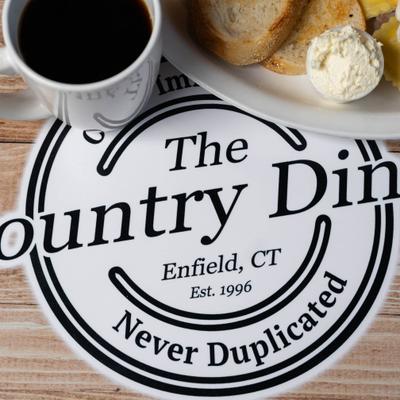 Dining table with the diner logo.