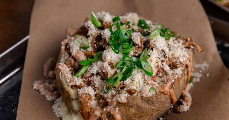 Pulled Pork Stuffed Potato, side view