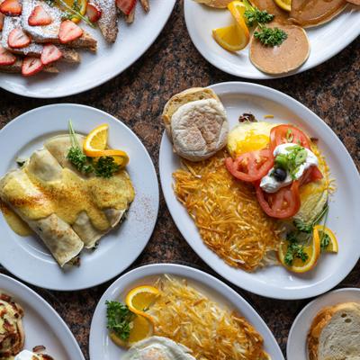 Top view of the various dishes served on the table.