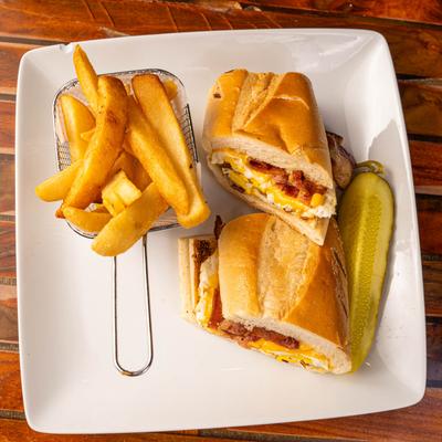 Bacon, eggs, and cheese sandwich, served.