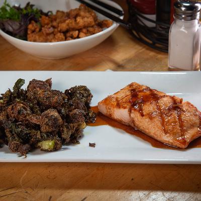 Maple bourbon Glazed Salmon.
