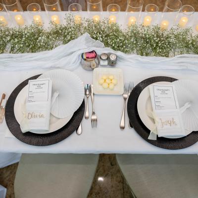Formal seating with white floral centerpieces.