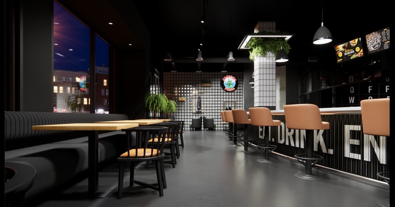 Lounge area featuring stools and hanging plants