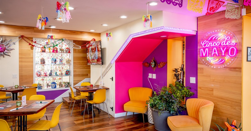 Bright and colorful restaurant interior seating area