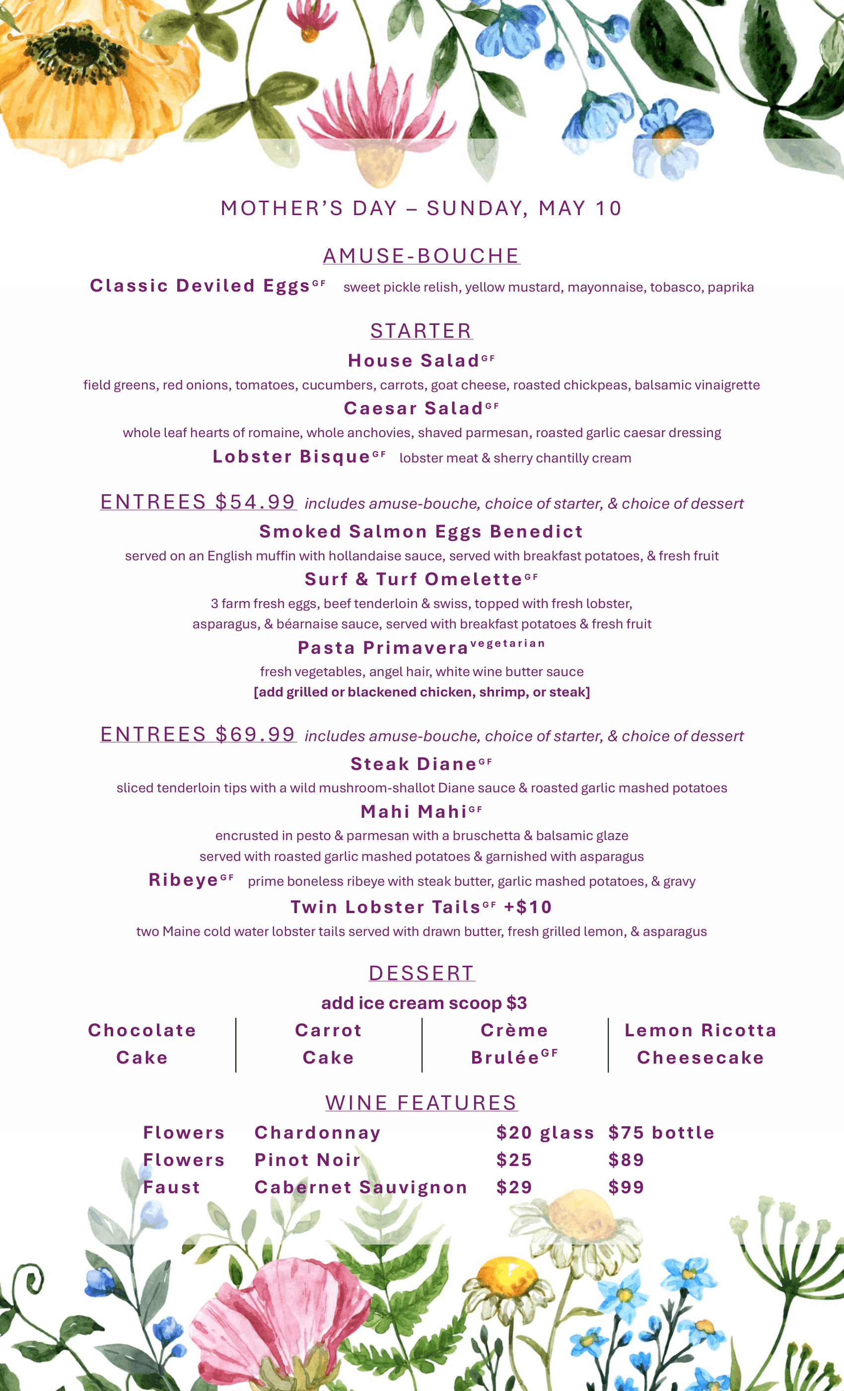 Brunch menu for Mother's Day at Table 13