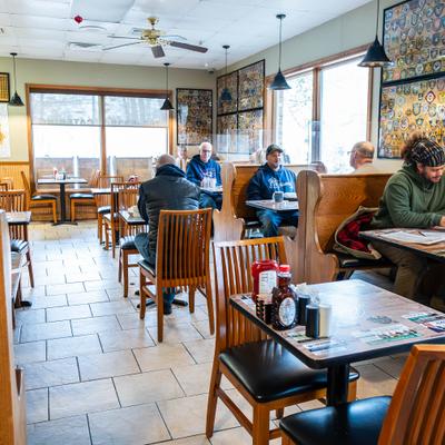 Diner interior, seating area.