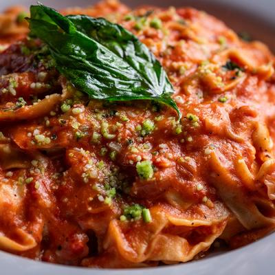 Fettuccine with tomato  sauce, cream, vodka, and basil infused Parmesan.
