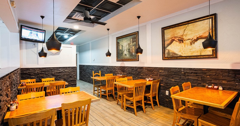 Interior, tables and chairs ready for guests