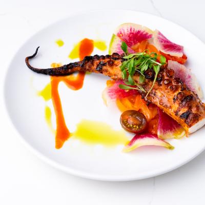 charred octopus with rainbow radishes.