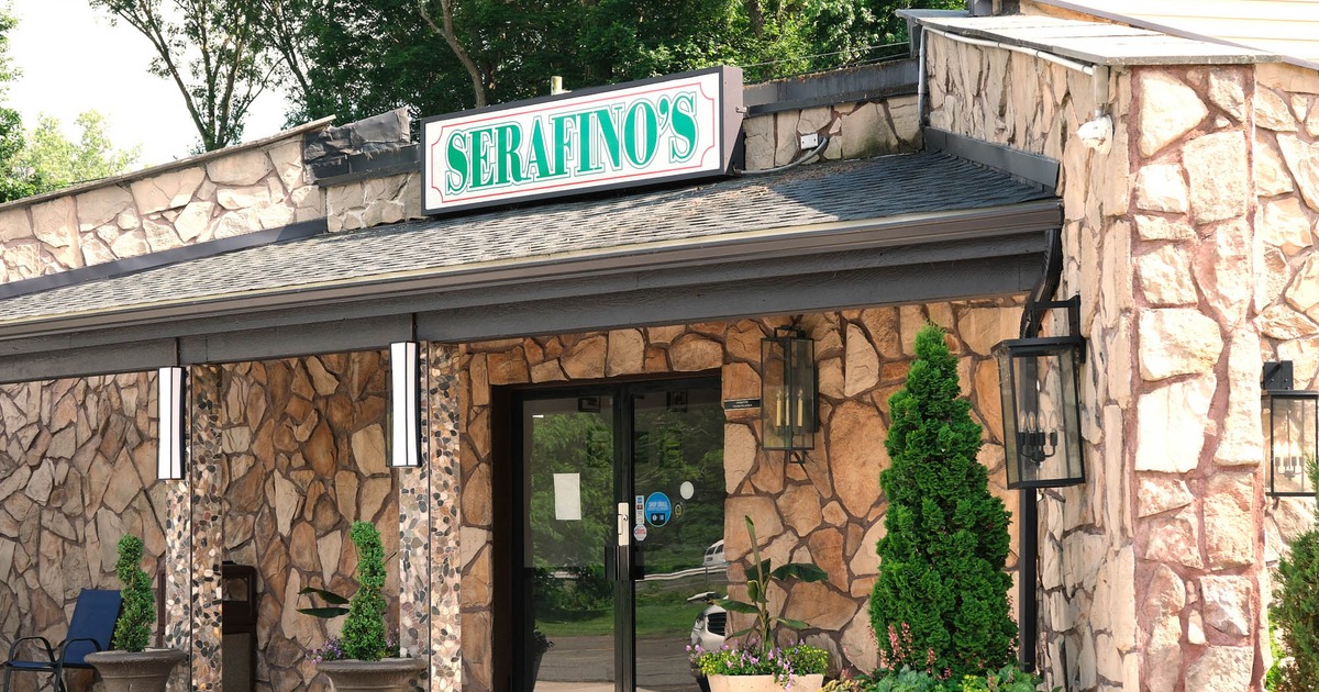 Restaurant entrance with stone facade
