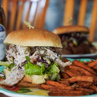 Chopped Chicken Salad Sandwich and sweet potato fries.