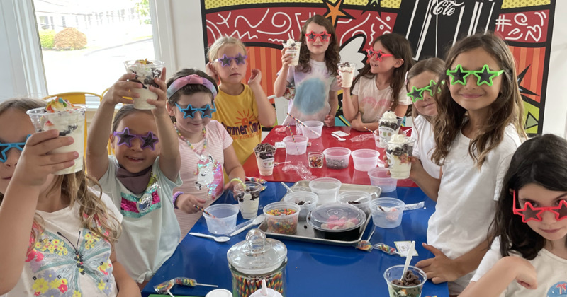 Seating area inside, pop art mural decoration on a wall