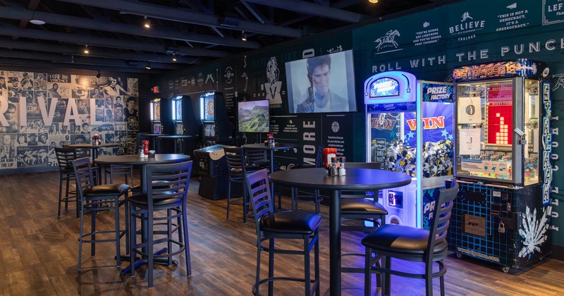 Interior space, tall tables and bar stools