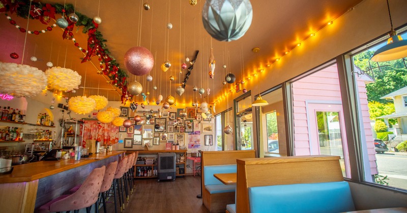Interior, bar area and restaurant booths