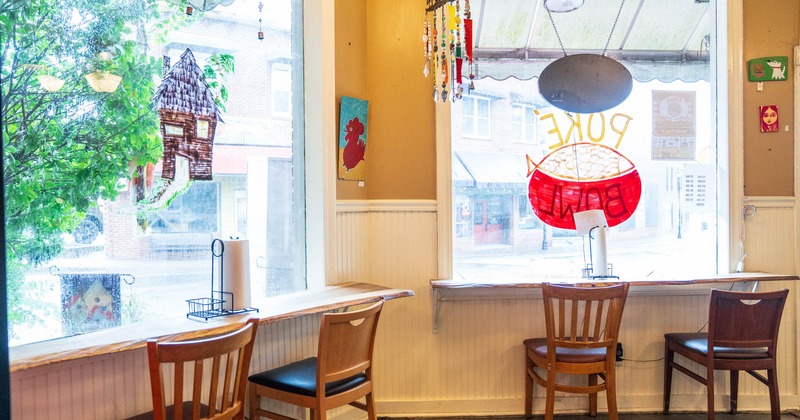 Interior, tables set for guests