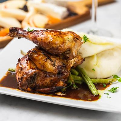 Roasted chicken, mashed potatoes, haricot vert and baby carrot.