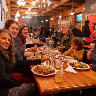 Customers dining and drinking.