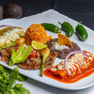 Red and green enchiladas, rice, and refried beans.