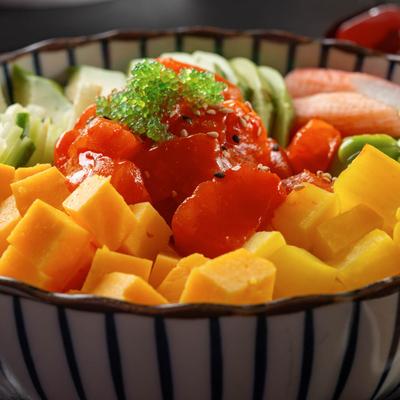 Salmon Poke Bowl, close-up.