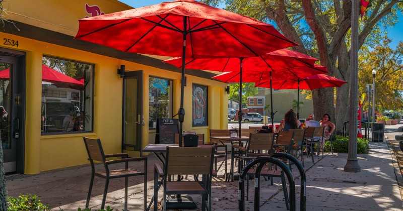 Exterior, tables, chairs and parasols