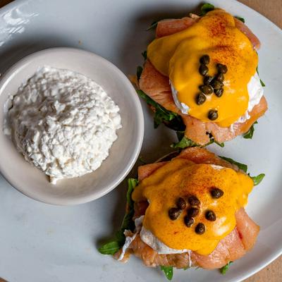 Smoked salmon benedict, top view.