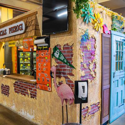 Interior, serving counter, wall decorations.
