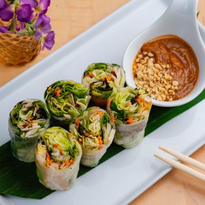 Shrimp Summer Rolls served with peanut sauce.