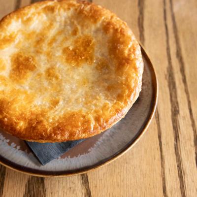 Chicken pot pie with a golden crust.