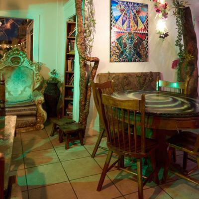 Tables and chairs set for guests.