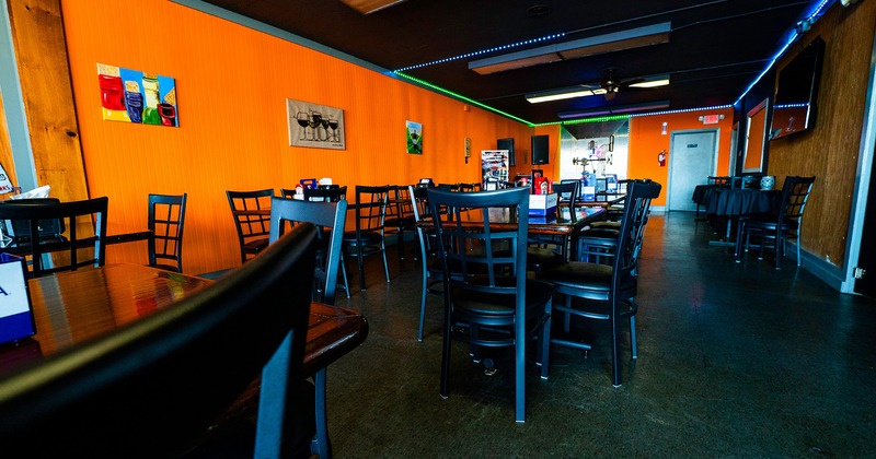 Interior space, seating area, dining tables