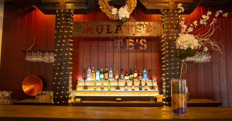 Bar counter, various liquor bottles on the shelf
