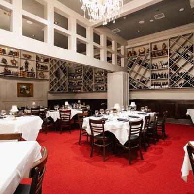 Interior, diner area, tables, chairs, wide view