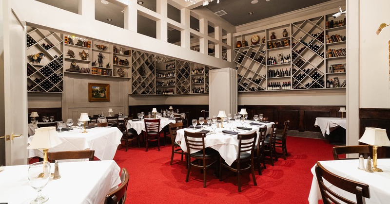 Interior, diner area, tables, chairs, wide view