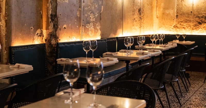 Dimly lit dining area