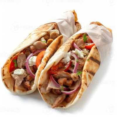 Two Greek-style Gyros pita wraps.