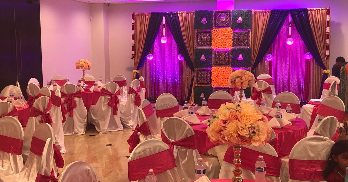 Banquet hall set up for a festive and formal celebration in a private event