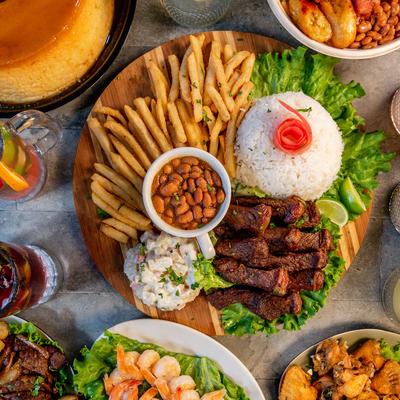 Multiple meal plates, overhead view